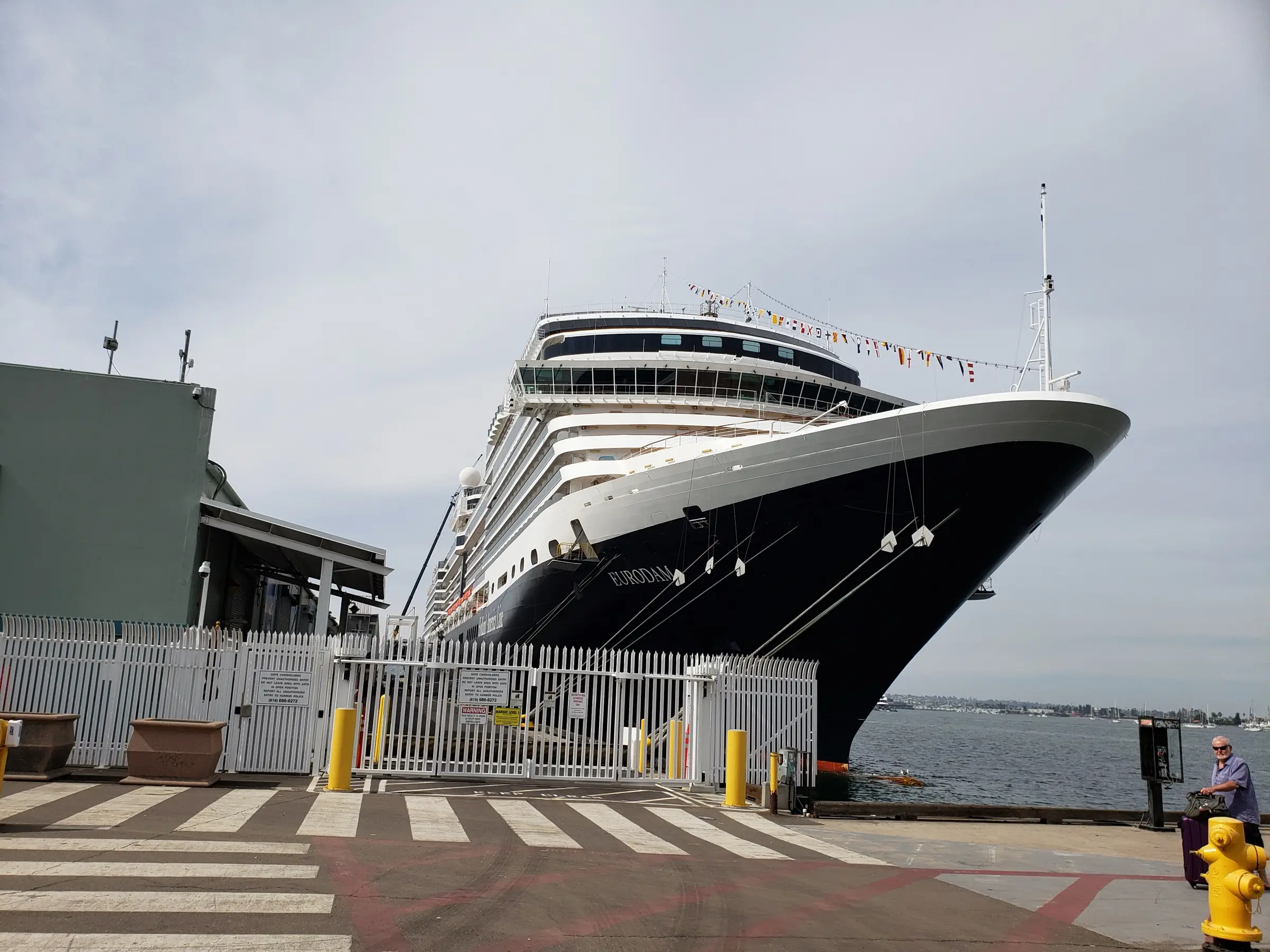 The bow of Eurodam alongside the cruise pier in San Diego