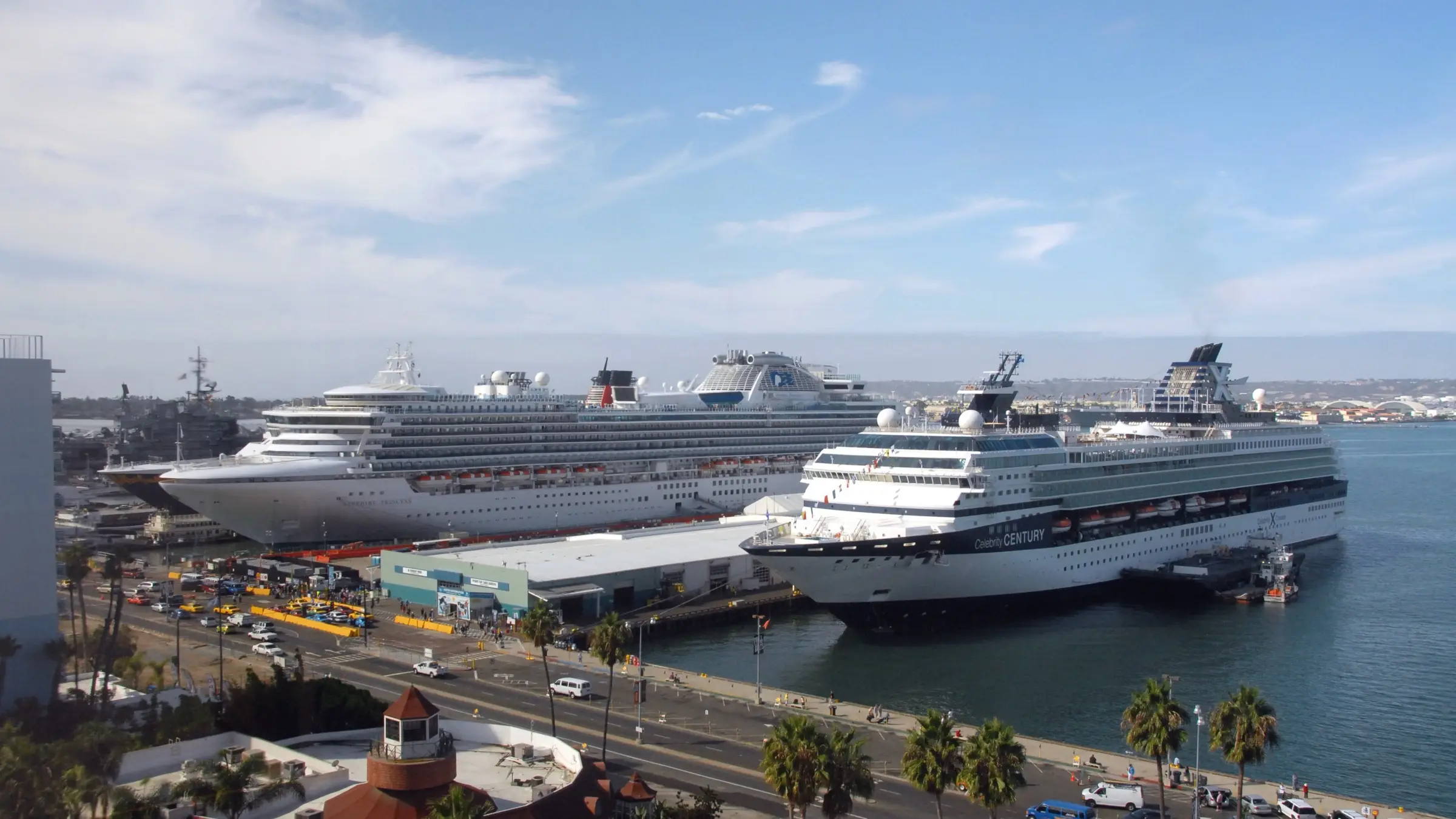 Sapphire Princess and Celebrity Century docked at the cruise piers on North Harbor Drive, San Diego, in October 2012