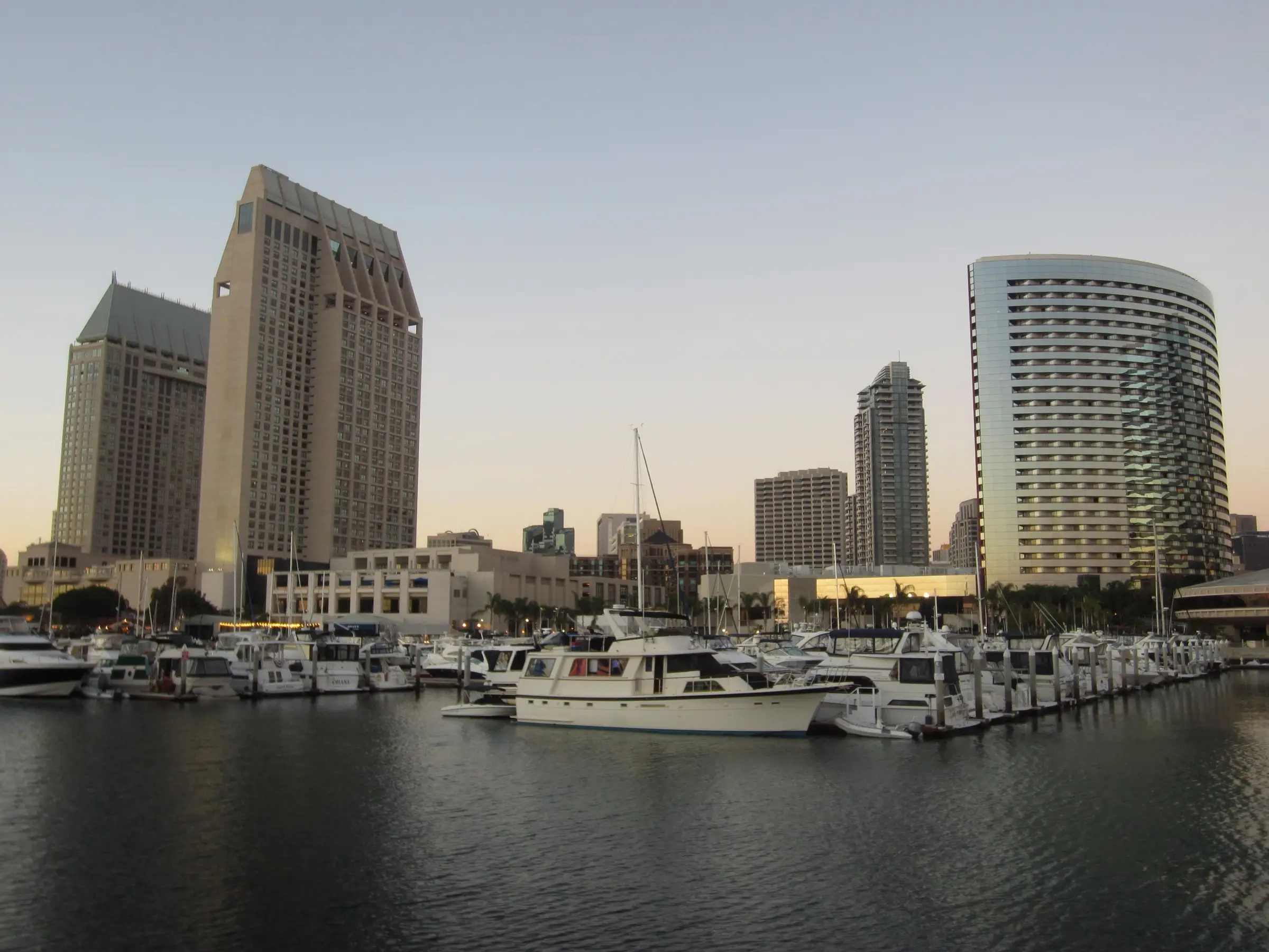 The Manchester Grand Hyatt and the Marriott Marquis San Diego Marina seen across the marina from the Embarcadero