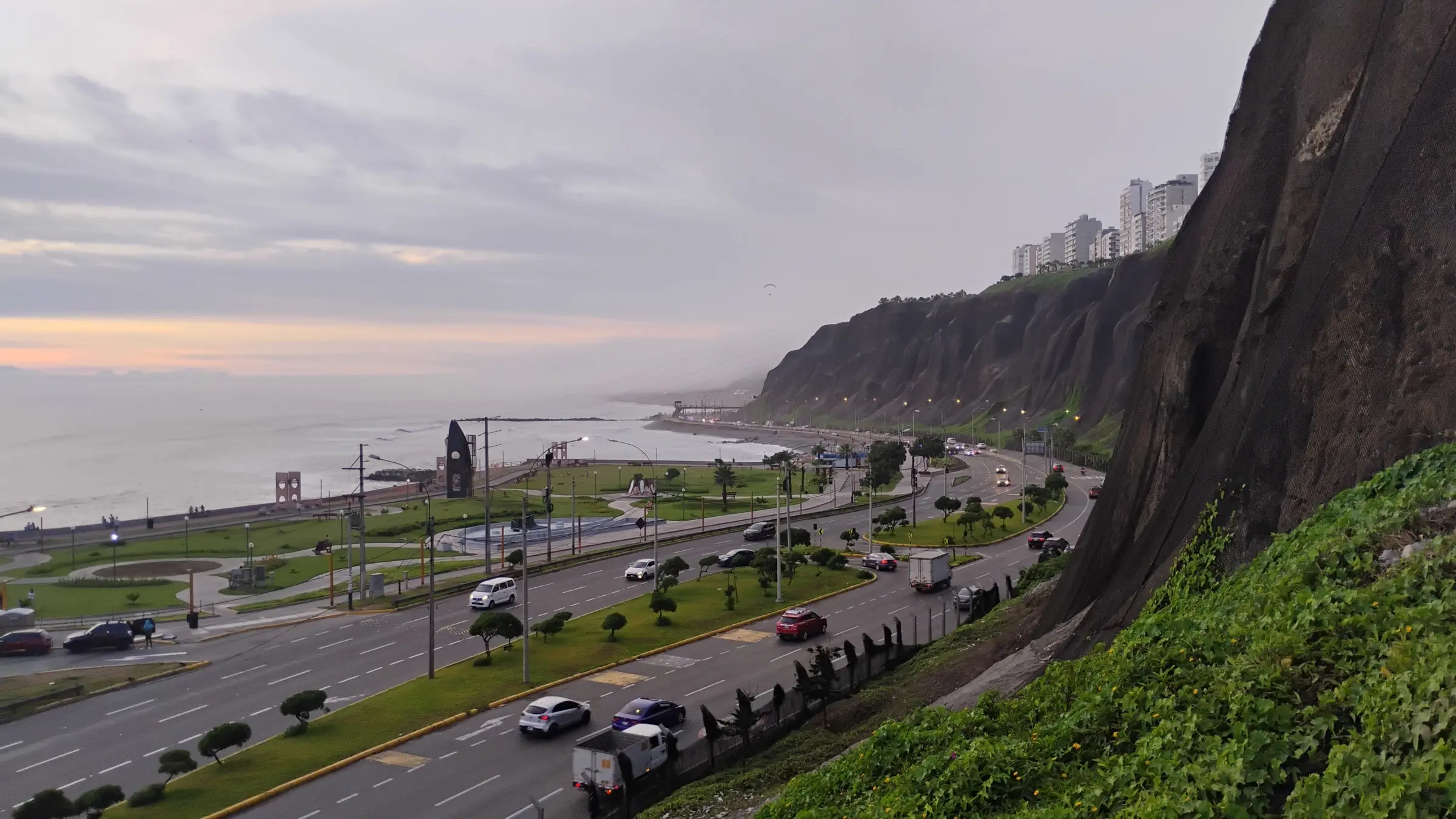 The Costa Verde coast road in Lima, Peru, at sunset