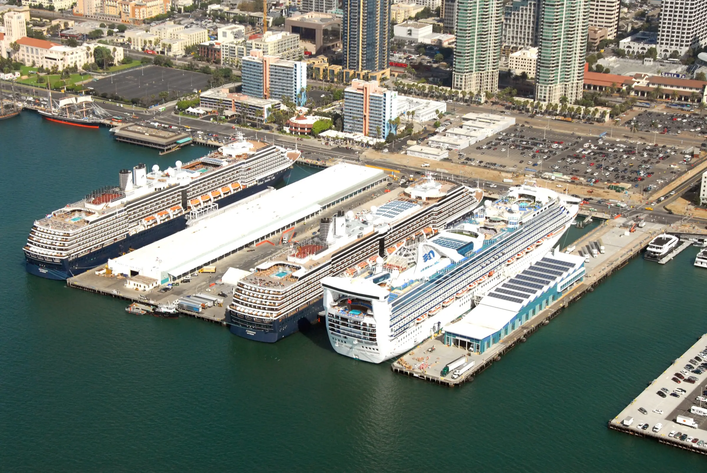 Aerial view of the San Diego cruise piers on North Harbor Drive with three cruise ships alongside, October 2012